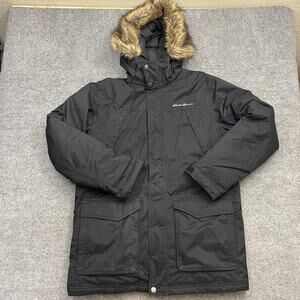 Eddie Bauer Jacket Mens Large Black Weatheredge Down Parka Faux Fur Hood Winter